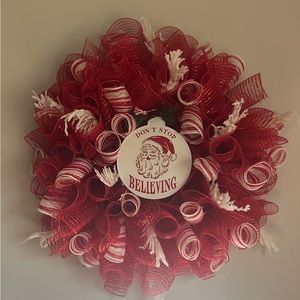 Light up red mesh Christmas themed front door, wall wreath